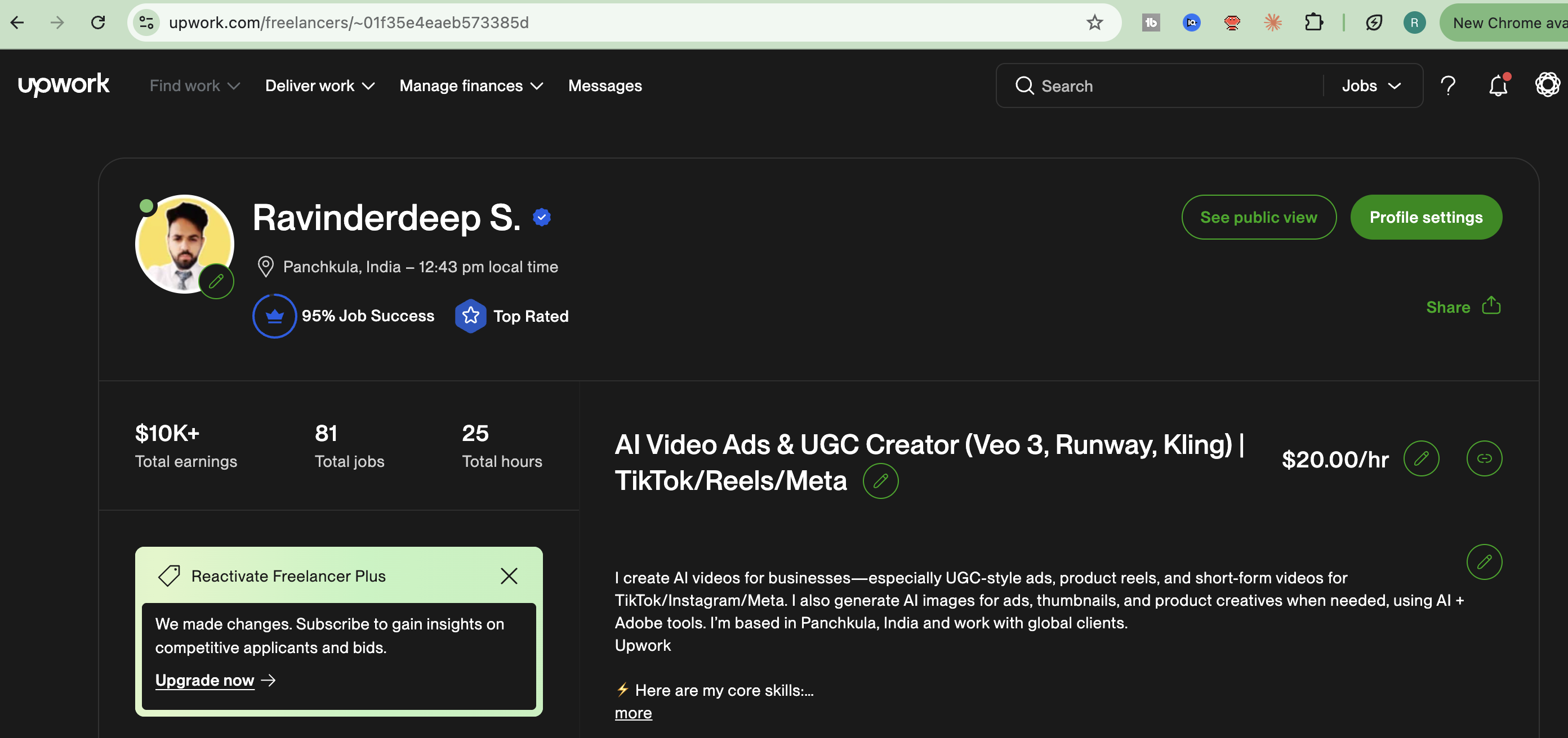 Upwork profile of Ravinderdeep S. showing the Top Rated badge and 95% Job Success score